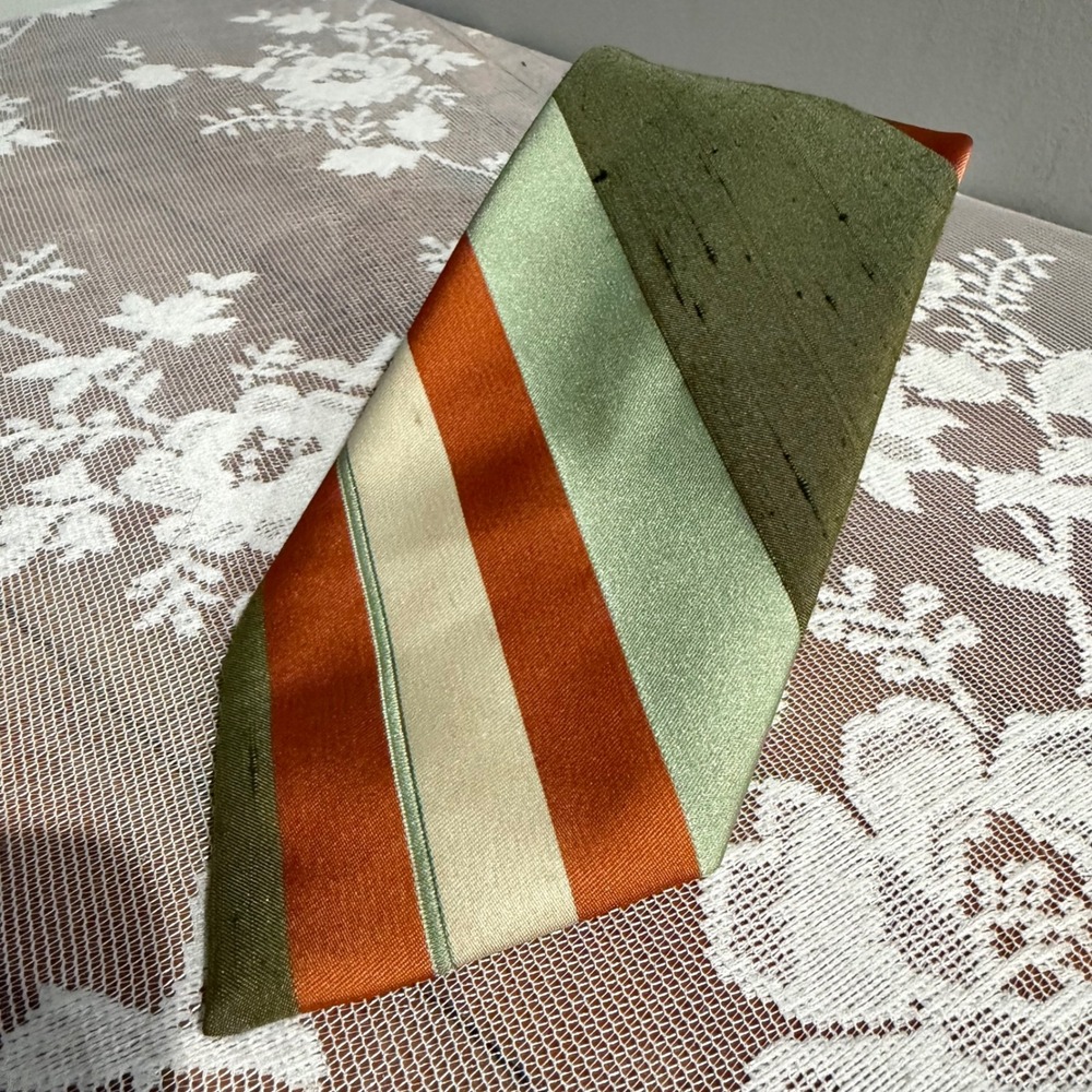 Lanvin Necktie Mens One Size Green Orange Cream Excellent Striped Vintage Slub